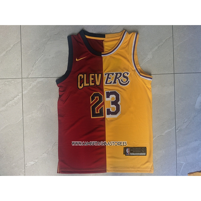 LeBron James NO 23 Camiseta Cleveland Cavaliers Los Angeles Lakers Split Rojo Amarillo